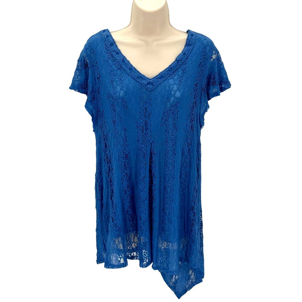 Unity World Wear Womens Boho Style Blue Lace Asymmetrical Tunic Top L